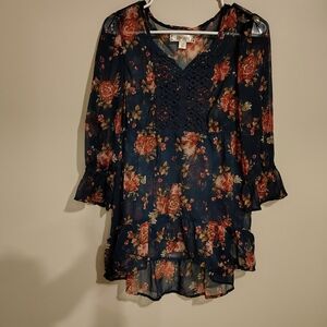 Decree Navy Floral Crochet V-Neck Tunic Top